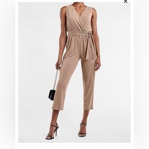 NWT- Express Silky Sueded Jersey Belted Wrap Lounge Jumpsuit BLUSH TAUPE Size: M